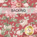 A swatch of pink-red fabric with sprawling pink and cream florals. A banner at the top reads 