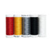 Five spools of thread in red, honey yellow, gray, black, and white, isolated on a white background.