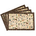 A shot of the four completed tan overlapping placemats in the woodland animals print, isolated on a white background.