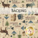 A swatch of light tan fabric with outdoorsy motifs like words, moose, deer, elk, bears, trees, and pinecones. A banner at the top reads 