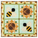 The completed Pieceful Patchwork - August wallhanging, a sunflower and bee-themed project colored in light blue, gren, cream, and golden yellow fabrics, isolated on a white background.
