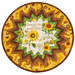The completed Point of View Folded Star Table Topper colored in bright yellow, brown, green, and cream fabrics from the Sunflower Farm collection, isolated on a white background.