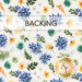 Colorful floral pattern on a light background labeled Backing and a logo at the bottom.