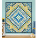 The finished Trip Around The World quilt with yellow, blue, cream, and navy squares in a diamond pattern hanging on an aqua-paneled wall, bordered by color-coordinated decor.