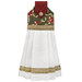 The completed Hanging Towel colored in green, cream, and red fabrics from the A Vintage Christmas collection, isolated on a white background.