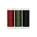 Three spools of thread in red, green, and black, isolated on a white background.
