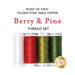 Four spools of white, red, light green, and dark green thread, isolated on a white background below a text graphic.
