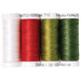 Four spools of white, red, light green, and dark green thread, isolated on a white background.