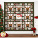 The Christmas Crew quilt featuring reindeer and Santa blocks, displayed near a Christmas tree and decorations.