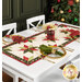 The completed table runner colored in cream, red, and green floral Christmas fabrics from the Glisten collection, staged on a white table with coordinating gold-rimmed plates, cloth napkins, florals, and a decorated Christmas tree.