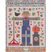 A colorful quilt design featuring a scarecrow surrounded by leaves, a crow, and gardening tools.