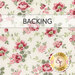Light cream fabric with small pink roses and green leaves, labeled Backing. A golden Shabby Fabrics logo sits in the bottom right corner.