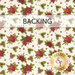 A swatch of cream fabric with tossed red flowers and pine branches. A banner at the top reads 