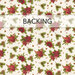 A swatch of cream fabric with tossed red flowers and pine branches. A banner at the top reads 