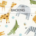 Fabric featuring playful animals like giraffes, leopards, and crocodiles on a white background labeled 'Backing'.