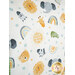 A close up shot on the main fabric of the pillowcase, showcasing tossed animal portraits, small flowers, and rainbows.