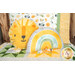 A shot of the lion and rainbow minky pillows from the Sunny Safari collection staged on a cabin bed with a coordinating Sunny Safari pillow and patchwork quilt.