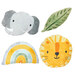 A shot of the completed Minky pillows from the Sunny Safari collection, featuring a leaf, lion head, elephant head, and rainbow, isolated on a white background.