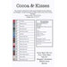 Image features a cross-stitch design chart titled Cocoa & Kisses, detailing color codes and supplies needed.