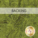 Photo of green mottled batik fabric with yellow dots in swirl and burst patterns with a yellow banner that reads 