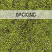 Swatch of a green mottled batik fabric with yellow dots in swirl and burst patterns with a spring green banner that reads 