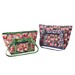 Two colorful fabric tote bags: one with a floral pattern in pink and green, the other in vibrant floral with a navy border.