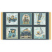A fabric panel featuring baby blues and travel inspired motifs from the collection Traveling Teddies.