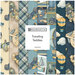 A fabric collage featuring baby blues and travel inspired motifs from the collection Traveling Teddies.