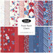 Digital collage of fabrics included in the Front Porch Charm collection with red, white, and blue with floral patterns.