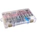 A shot of the Floss Finder box, full of embroidery floss with its lid closed, isolated on a white background.