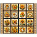 Panel with sunflower swatches in yellows, golds, and greens with a mottled brown border included in the Sunflower Serenade collection.
