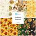 Digital collage of fabrics included in the Sunflower Serenade collection with cream, yellow, green, and black in a sunflower motif