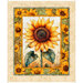 Digital image panel of a single orange-yellow sunsflower with green leaves outlined by a sunflower border and textured gold frame moulding.
