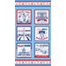 A fabric pattern with blocks of American monuments like the Statue of Liberty, Lincoln Memorial, Washington Monument, Liberty Bell, Capitol Building, Mount Rushmore, in red, white, and blue design.