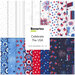A collection of fabric fat quarters featuring red, white, and blue patterns with stars, stripes, and flags, labeled Celebrate the USA.