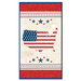 Panel featuring the continental US as an American flag in red, white, and blue surrounded by stars and borders on mottled cream fabric.