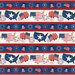 Digital image of border stripe fabric featuring Americana themed stars, stripes, fireworks, and flags on alternating rows of red, white, and blue.
