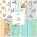 Digital collage of fabrics included in the Safari Snuggles collection with white, gray, and aqua fabrics with a jungle animal theme.