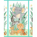Gray elephant, stripped zebra, yellow lion, and orange jaguar jungle animas nestled in and around jungle leaves of green and aqua on white fabric