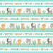 border print featuring jungle animal, jungle leaves, and motivational words in aqua, light gray, yellow, and orange on white fabric.
