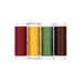 Four spools of thread in red, yellow, green, and reddish brown, isolated on a white background.