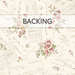 A swatch of cream fabric with a parchment paper design with writing, signatures, and pink flowers. A banner at the top reads 