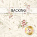 A swatch of cream fabric with a parchment paper design with writing, signatures, and pink flowers. A banner at the top reads 