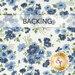 A swatch of white fabric with clusters of blue flowers. A banner at the top reads "Backing" and a golden Shabby Fabrics logo sits in the bottom right corner.