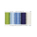 Five spools of thread in green, light blue, cornflower blue, navy, and white, isolated on a white background.