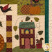 A close up on the lower right block of the quilt, depicting a maroon house with a teal blue roof and an appliqué squirrel with a swirling leaf and vine.