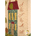A stylized close up on the first block of the quilt, displaying a blue house with a red roof beside embroidered letters that spell 