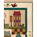 A close up on the top right corner of the quilt, showing details on a purple house with an appliqué pumpkin tree and a squirrel.