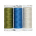 Three spools of thread in green, blue, and white featured for the Blue Harmony Point of View Folded Star Table Topper project, isolated on a white background
