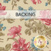 A sandy tan fabric swatch with sprawling vintage florals in pink and blue; a transparent banner reads 